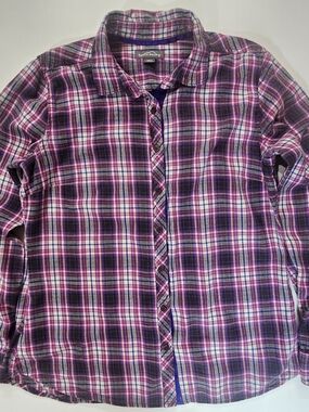 Eddie Bauer Plaid Flannel Shirt Womens Medium Pink Purple Classic Western Style